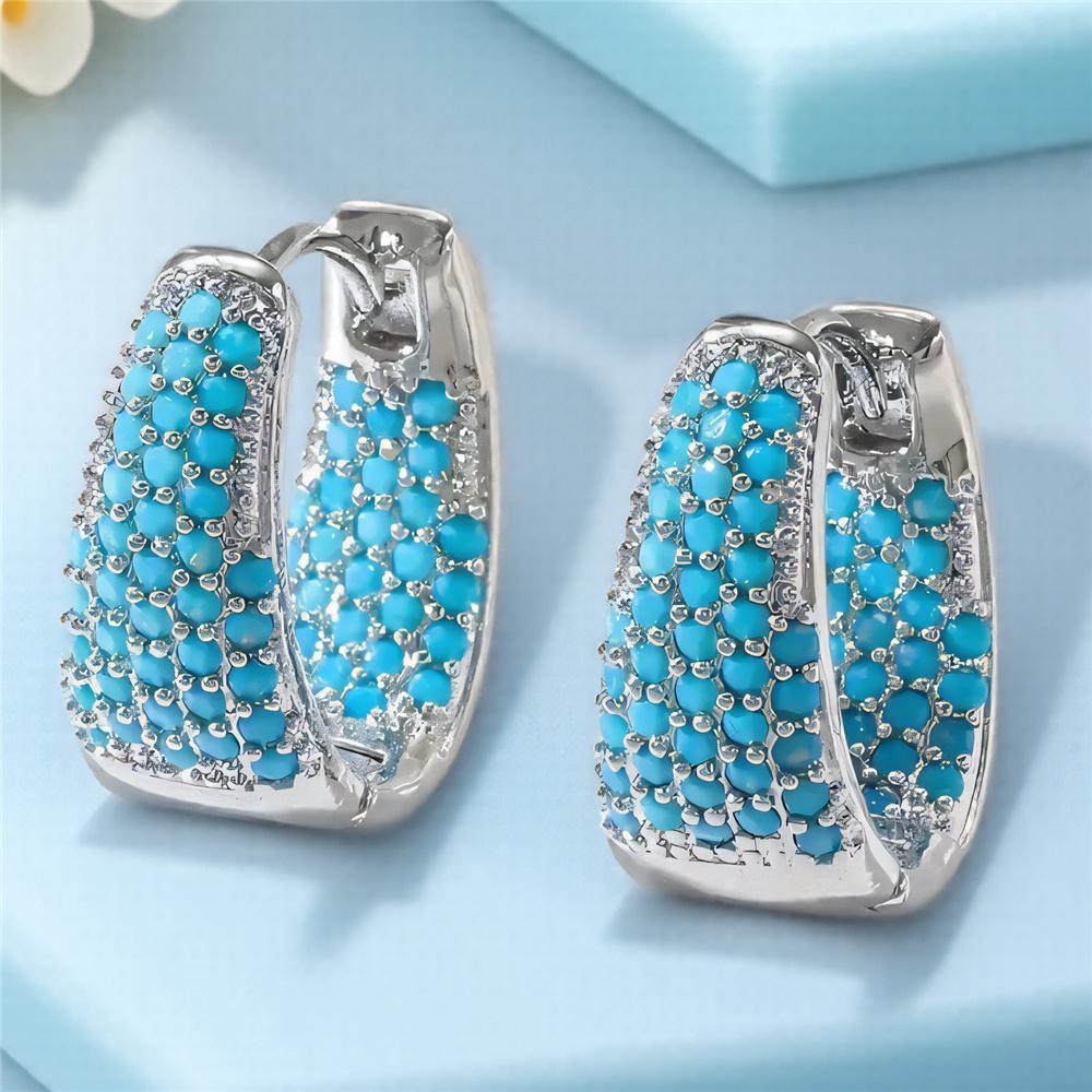 Luxury Female Blue Turquoise Stone Hoop Earrings Vintage Fashion Gold Color Wedding  For Women