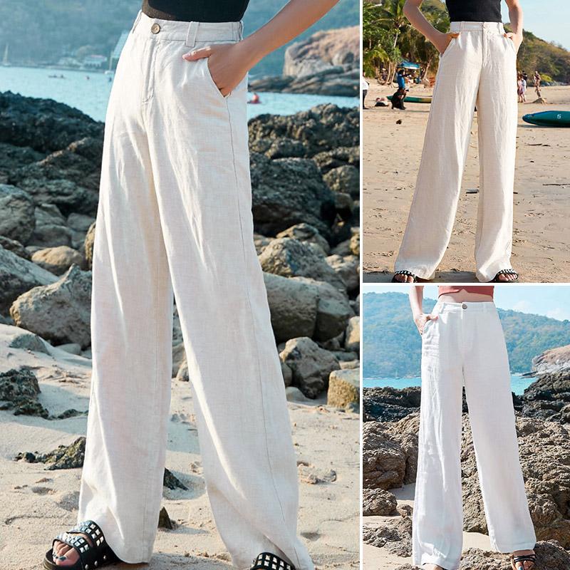 

1 шт., белые хлопковые льняные широкие брюки с высокой талией, брюки на молнии, женские прямые брюки
