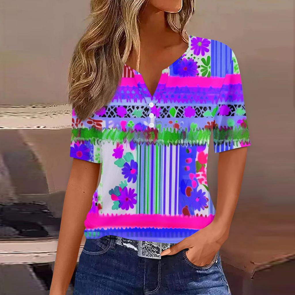 Women's T Shirt Print Button Short Sleeve Daily Weekend Fashion Basic V-Neck Regular Top