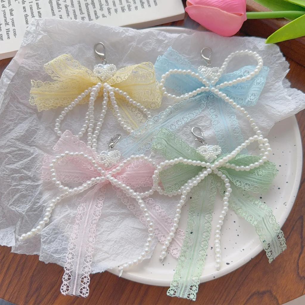 2025 New Sweet Lace Bow Beaded Bow Keychain Phone Charm Strap Pendant for Phone Accessories Bag Hanging Cord for Women Girl