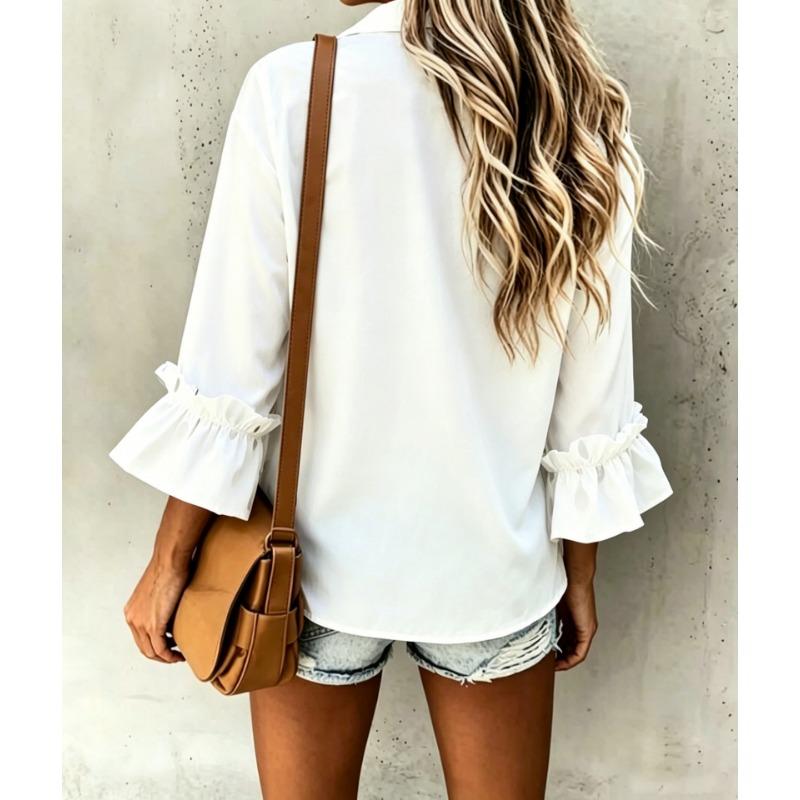 Women Loose Polka Dot Ruffle Sleeve Casual Button Down Shirt