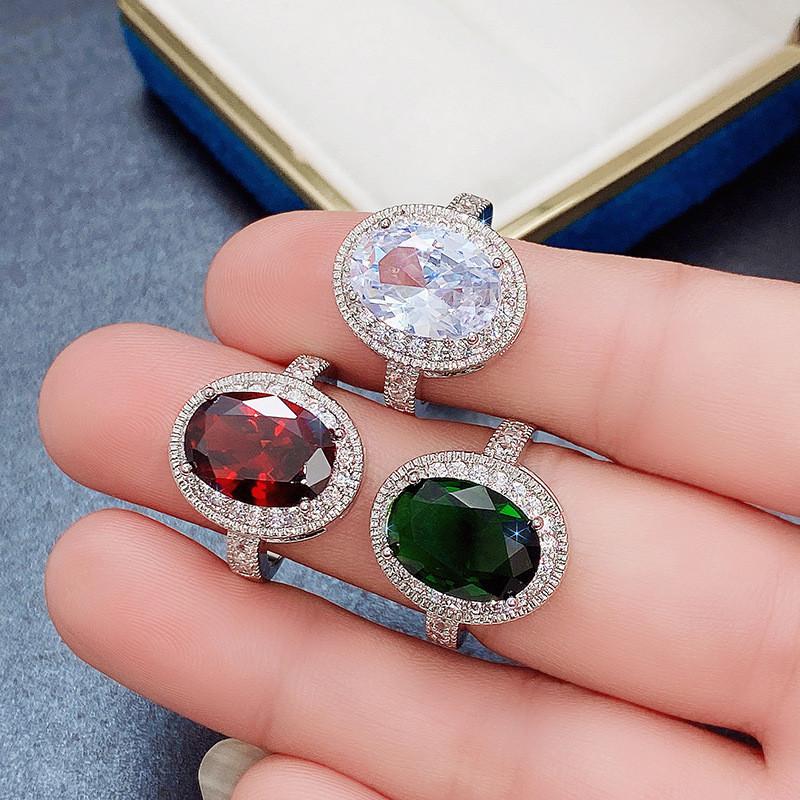 925 Sterling Silver Oval White Red Green Stone Cubic Zirconia Wedding Rings for Women Promise Engagement Jewelry Gifts