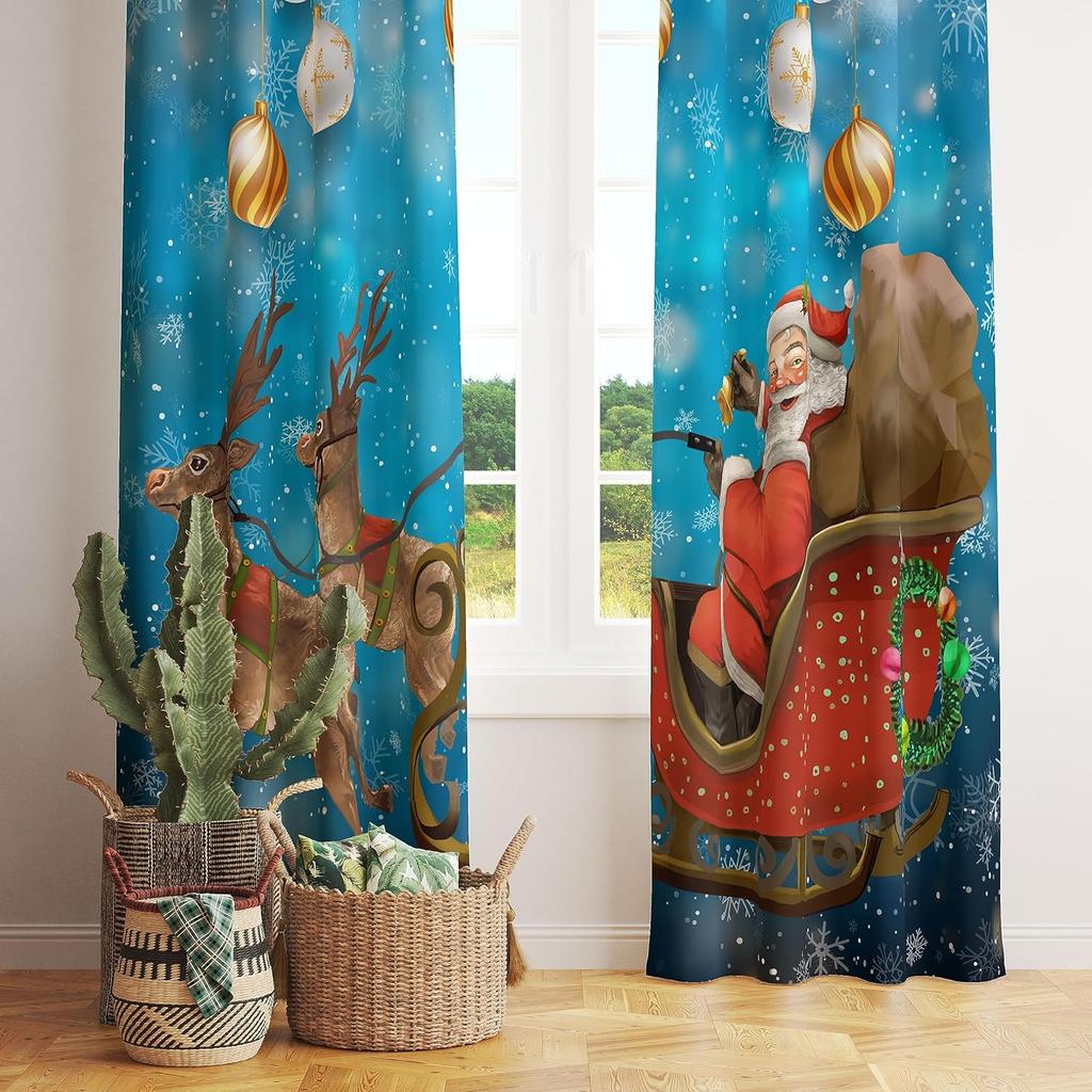 Christmas Curtain Funny Anta Claus Riding Sleigh Delivering Present Ball Winter Print Drapes Bedroom Party Decor For Made Of Polyester