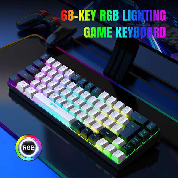 HXSJ Gaming Membrane Keyboard, 68 Keys, Detachable Cable, RGB Backlighting, White/Black, ABS Material.