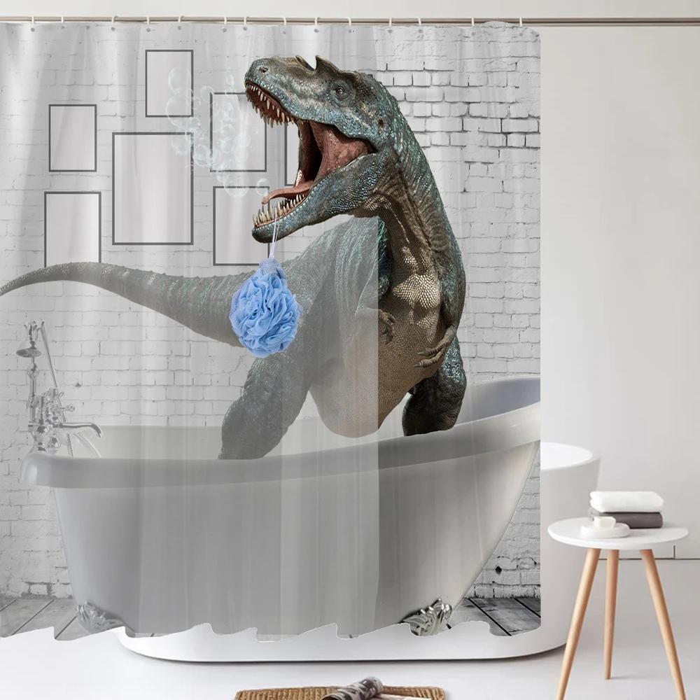 Lustige Hund Dinosaurier Duschvorhänge Cooler Katze reitet Dinosaurier Japanische Ozeanwelle Kinder Badezimmervorhang Raumdeko Mit Haken