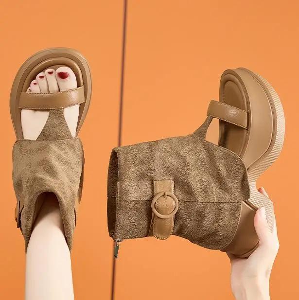 Fashion High Quality 8CM Ethnic Microfiber Leather Mary Jane Ankle Booties Sandals Women Platform Wedge Hollow Zip Peep Toe Shoes Summer