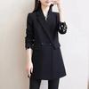 Women's Lapel Long Sleeve Blazer Regular Fit Office Style Solid Color Mid Length Double Button Polyester Korean Casual Suit Jacket