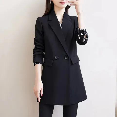 Women's Lapel Long Sleeve Blazer Regular Fit Office Style Solid Color Mid Length Double Button Polyester Korean Casual Suit Jacket