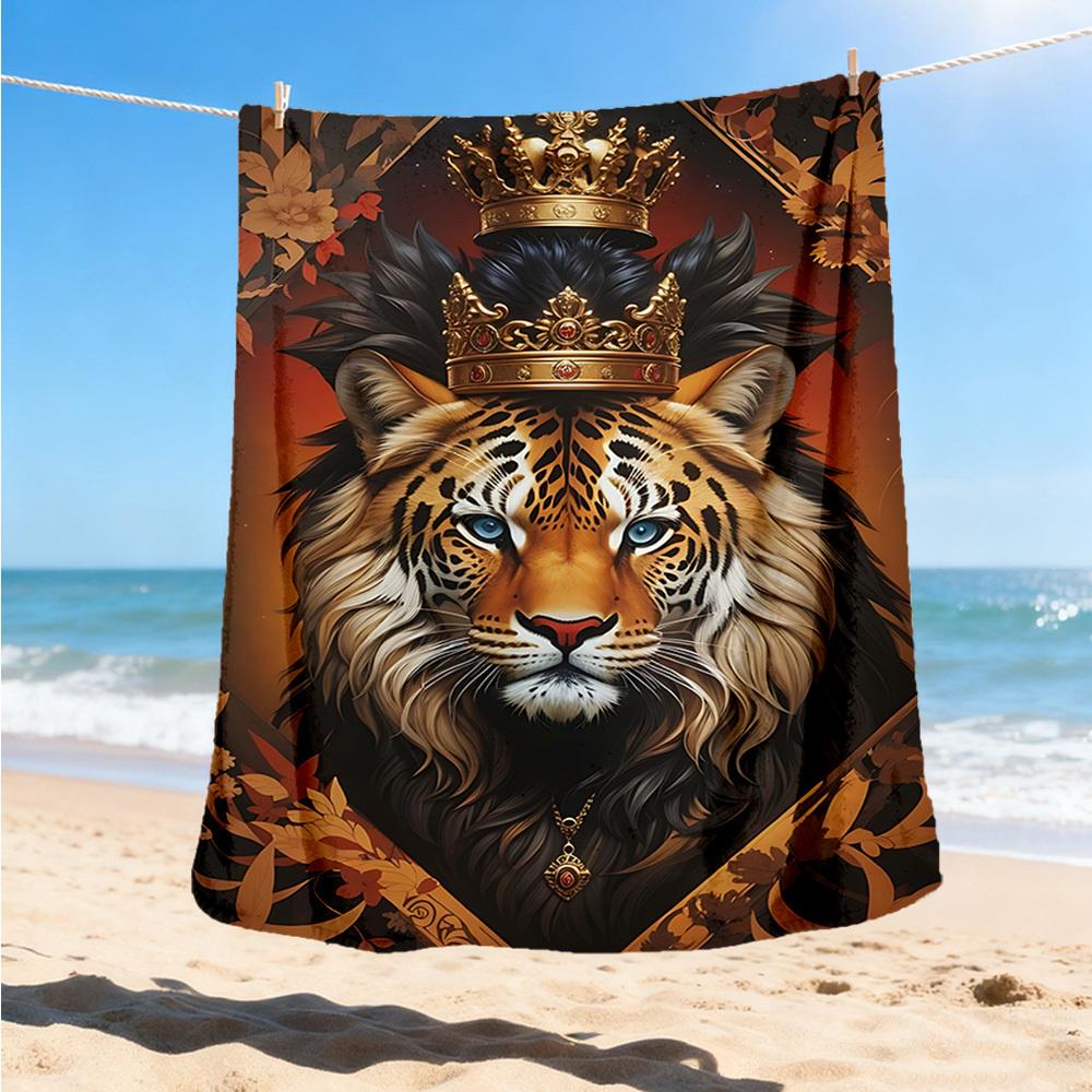 1pc Royal Tiger Crown Print Outdoor Blanket, Lightweight Polyester,