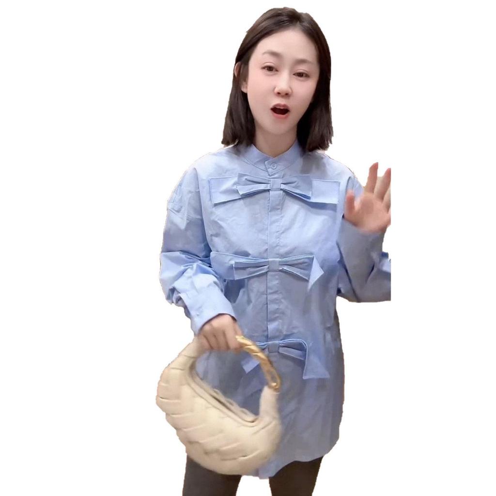 2026 Spring Women's Bow Blue Korean Style Slimming Top - Elegant, Versatile, and Youthful