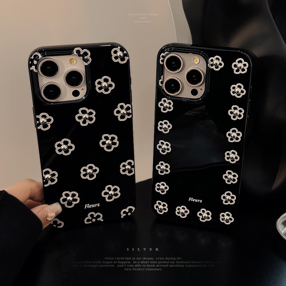 Three dimensional Silver Bead Flowers Suitable for 14promax Apple 16 Mobile Phone Case IPhone 13 Hanging Chain 11 Metal Wind 12 Soft