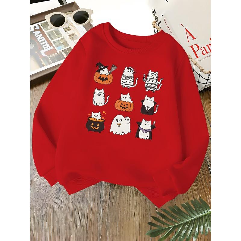 Kids Unisex Pink Crewneck Sweatshirt, Halloween Cute Cat Pumpkin Ghost Mummy Witch Print Long Sleeve, Kids Sweatshirt For Boys Girls Over 4 Years Old