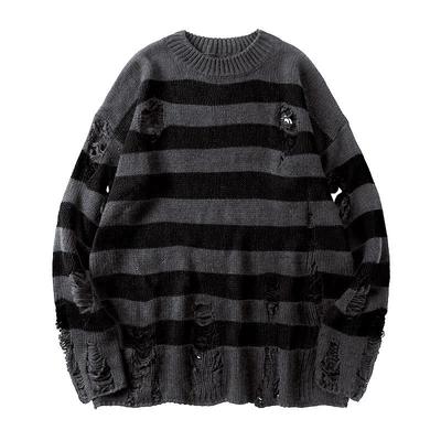Men's Striped Distressed Jacquard Loose Knit Sweater with Hollow-Out Round Neck