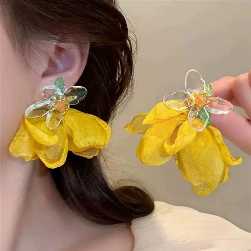 Exquisite Summer Flower Earrings Sweet Chiffon Dangle Drop Earrings For Women Boho Tassel Ear Jewelry Beach Party Accessories