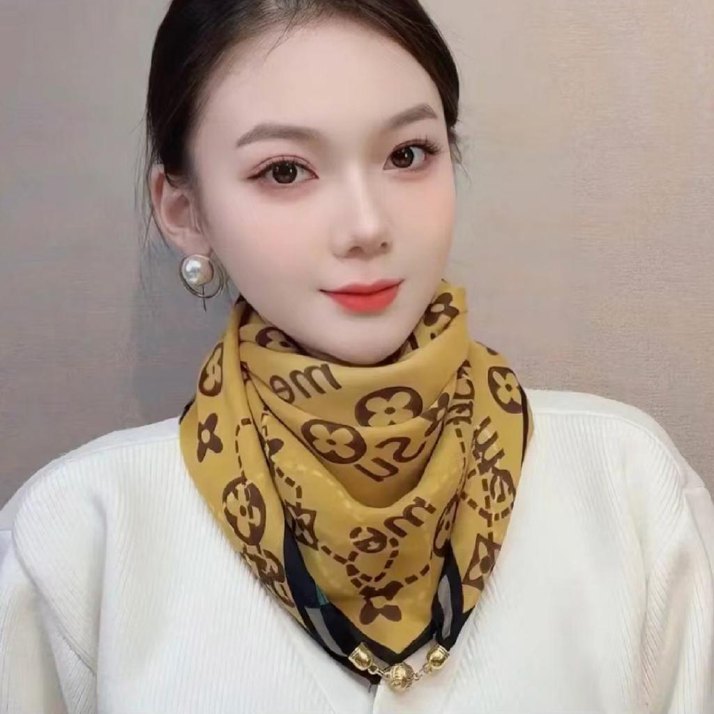 Magnetic buckle cotton and linen small square scarf silk scarf women's spring and autumn versatile neck protection scarf triangular scarf new warm sca