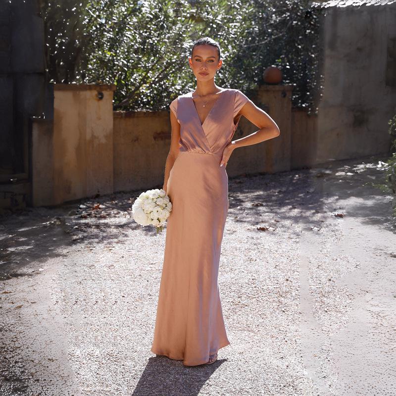 2024 Spring/Summer European & American Women's V-neck Satin Fishtail Evening Gown