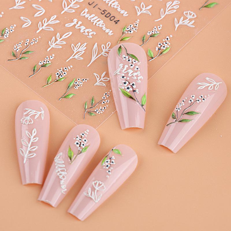 5D Nail Stickers Flowers Heart Shape Decor Acrylic Embossed Slippers Gold Frame Nail Decals Cherry Blossom Manicure