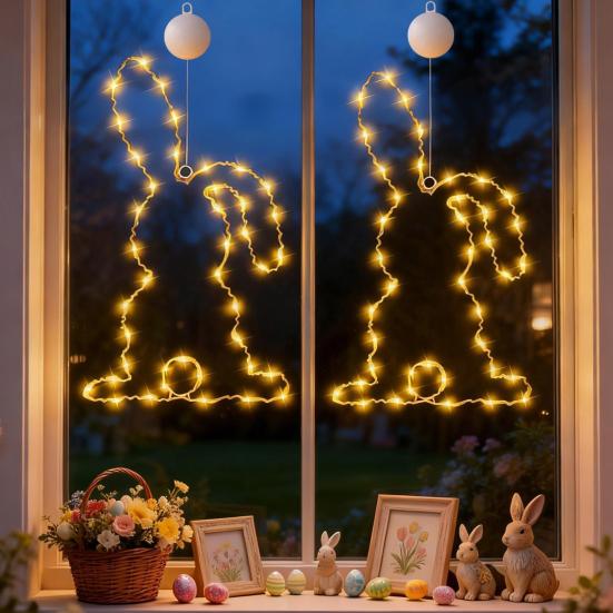 LED Window Light Easter Hanging Lamp with 8 Dynamic Modes Remote Control Timer Battery Operated Waterproof Metal Easter Bunny String Lights for Indoor