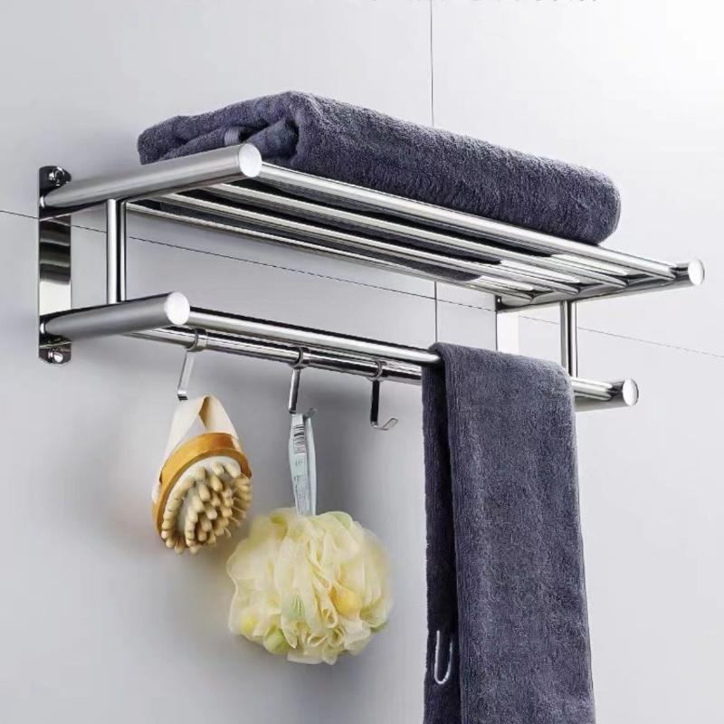 Stainless Steel Towel Rack No Drill Damage Free Storage with Adjustable Hooks for Rental House Bathroom