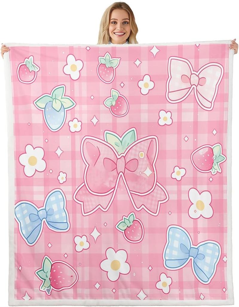 Blue Bow Pattern Blanket Soft Fleece Throw Elegant Home Decor Gift for Women Girls Bedroom Bedding Cover