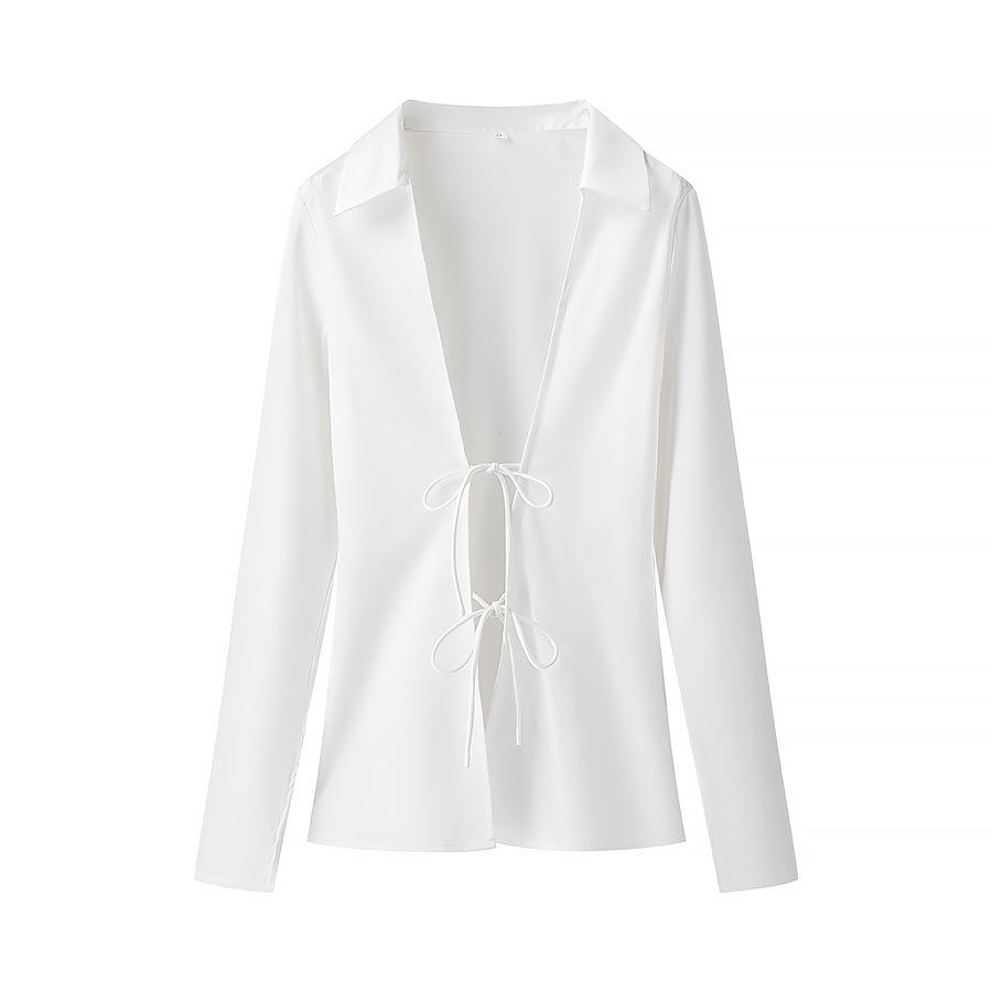 

2025 Spring New Women s Clothing European and American Fashion Deep V-neck Bow Decoration Silk Texture Shirt XS