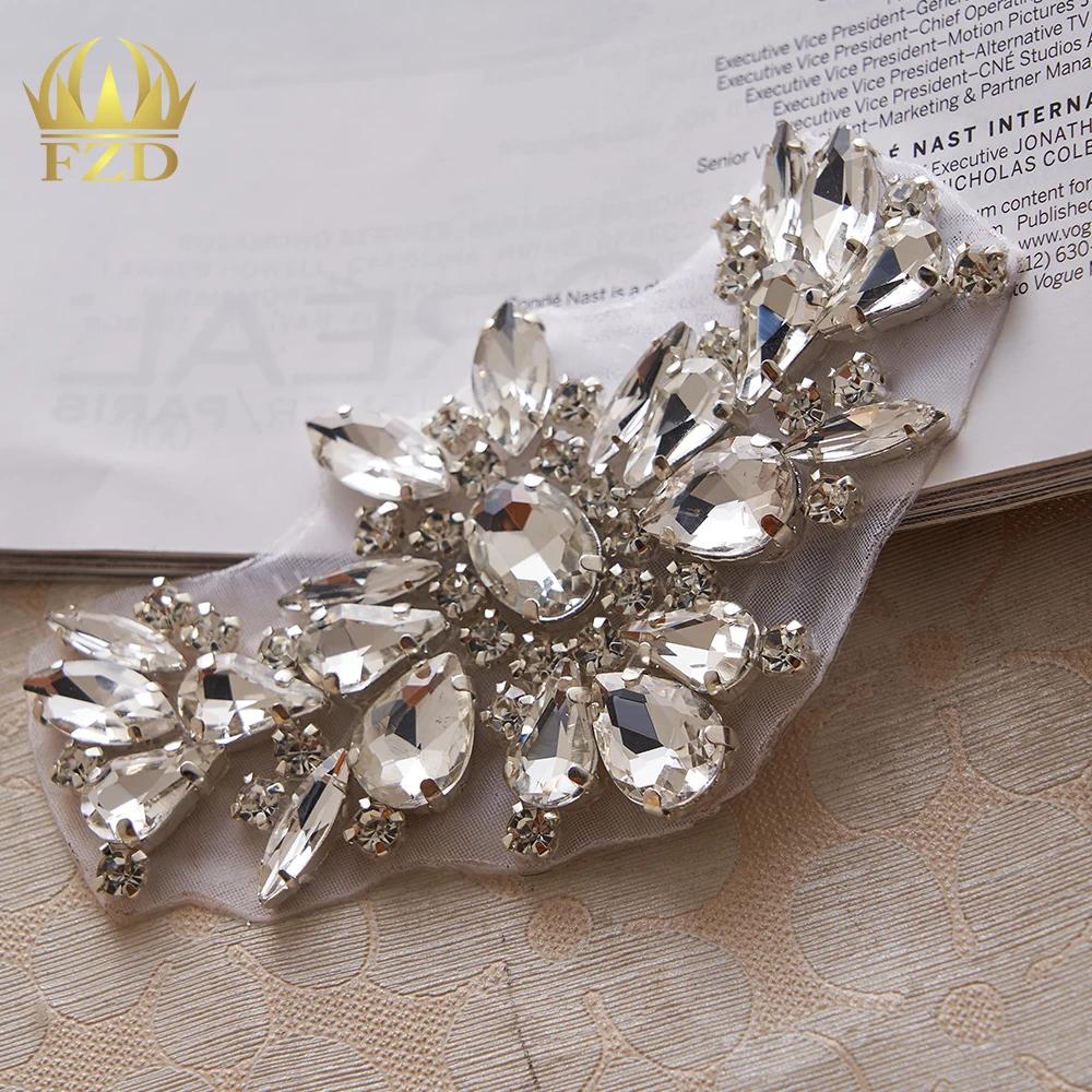 FZD 1 PC Silver Crystal Rhinestone Applique Gold Sew On For Wedding Dress Belt Pearl Patch Iron On Hot Fix Glitter Crystal Stone
