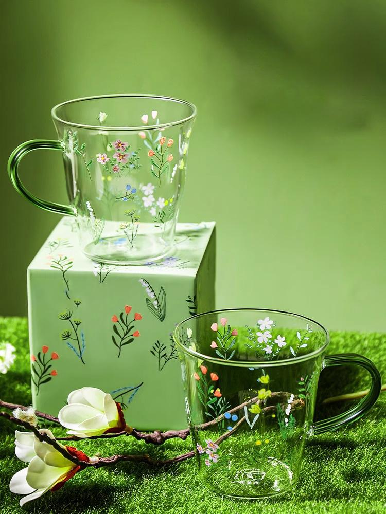 400ml Vintage Floral Glass Mug with Handle, Heat-Resistant Borosilicate Coffee Cup, Korean Style Drinkware for Tea, Latte, Juice