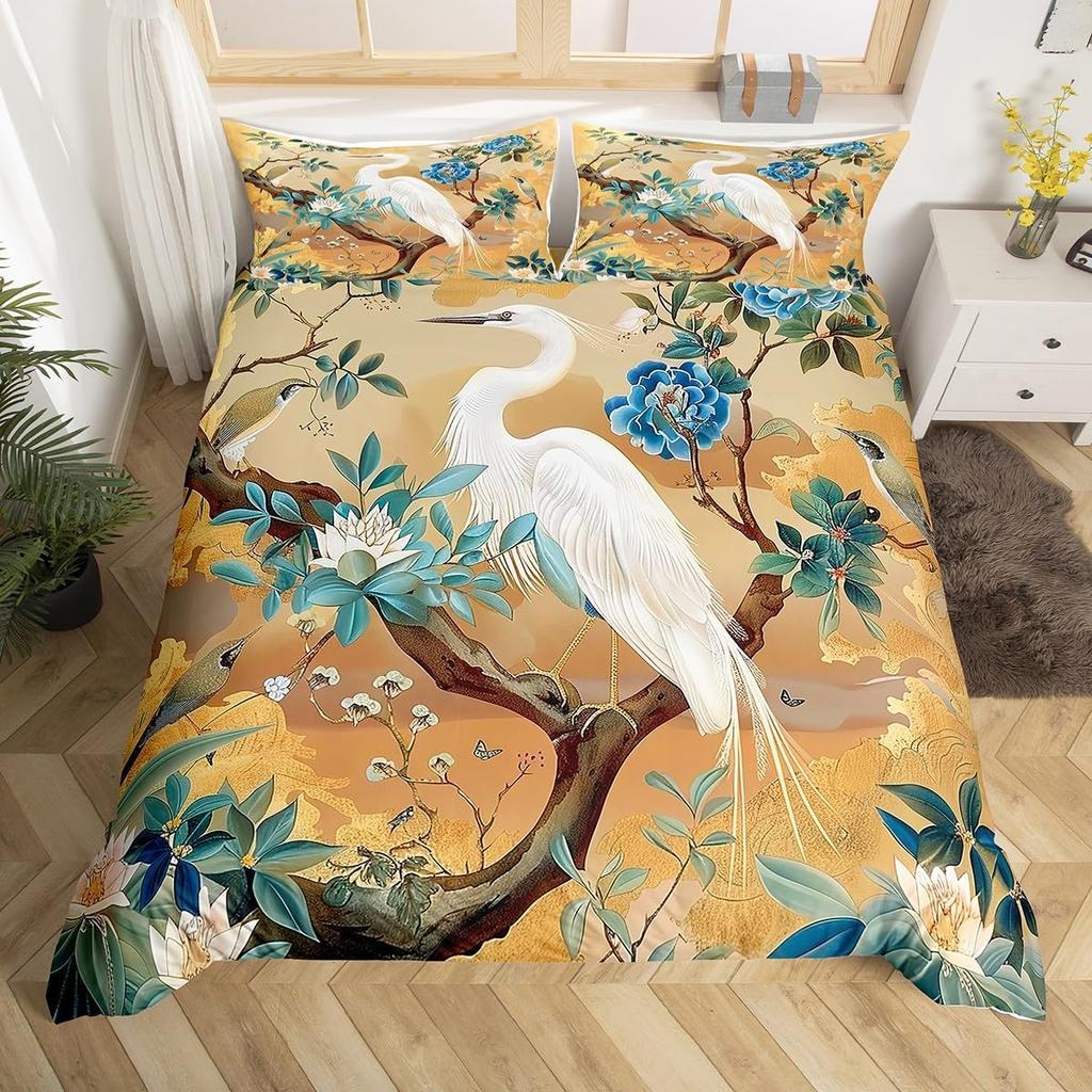 Crane Duvet Cover Twin King Traditional Chinese Style Painting Quilt Cover Chrysanthemum Flower Floral Bedding Set For Dorm Room