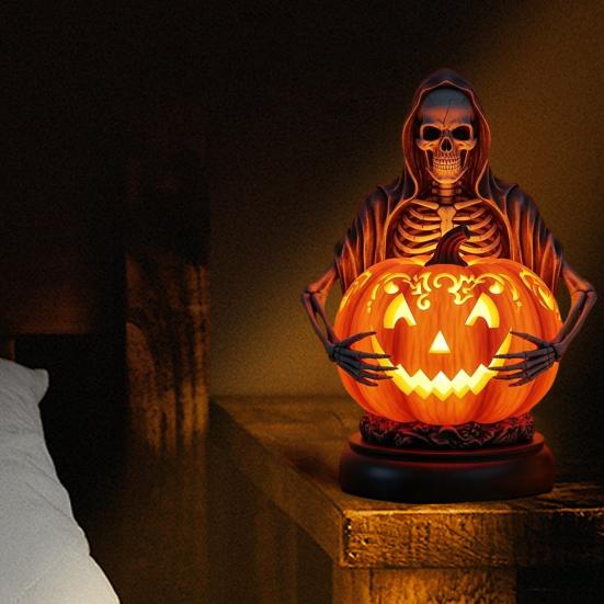 Halloween Pumpkin Light Resin Skeleton Ghost Witch Pumpkin Lantern Gothic Curved Pumpkin Night Light for Home Tabletop Desk Decor