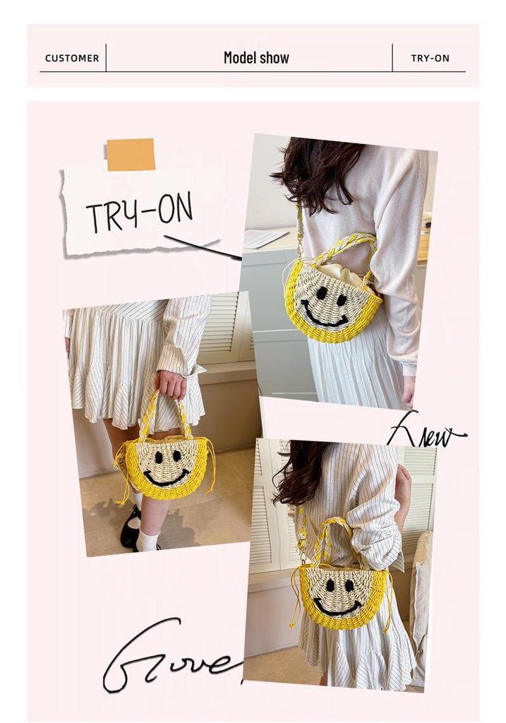 Korean Color Block Smiley Woven Bag - Versatile Casual Basket for Beach & Everyday Use