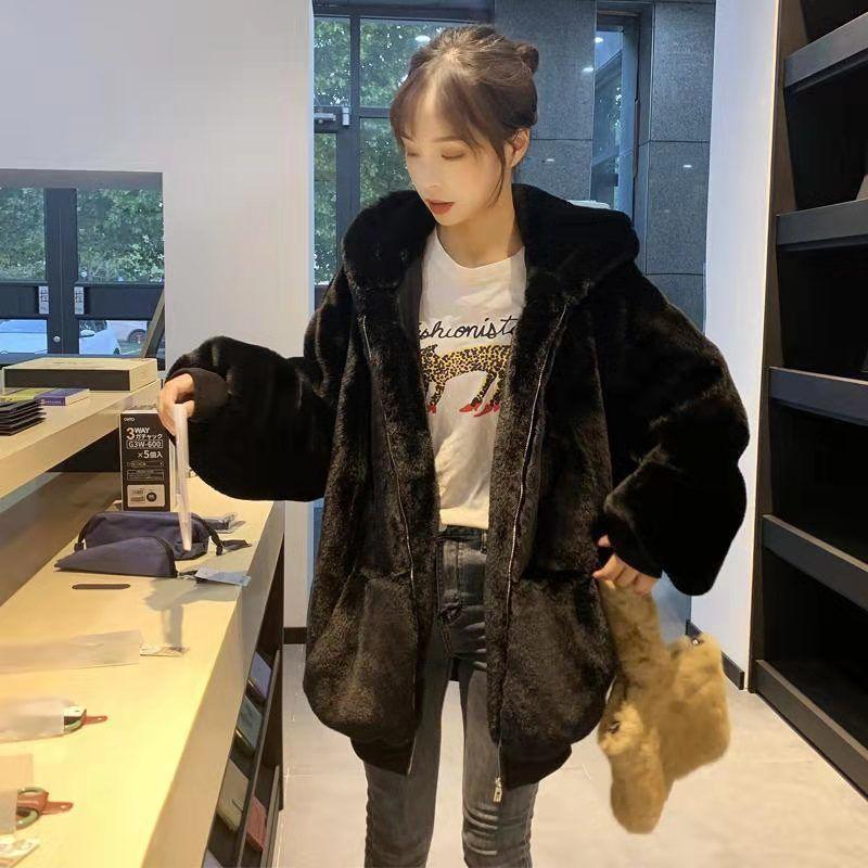 Loose Plush Jacket Women's Winter Imitation Rex Rabbit Fur Long New Thickened Hooded Coat