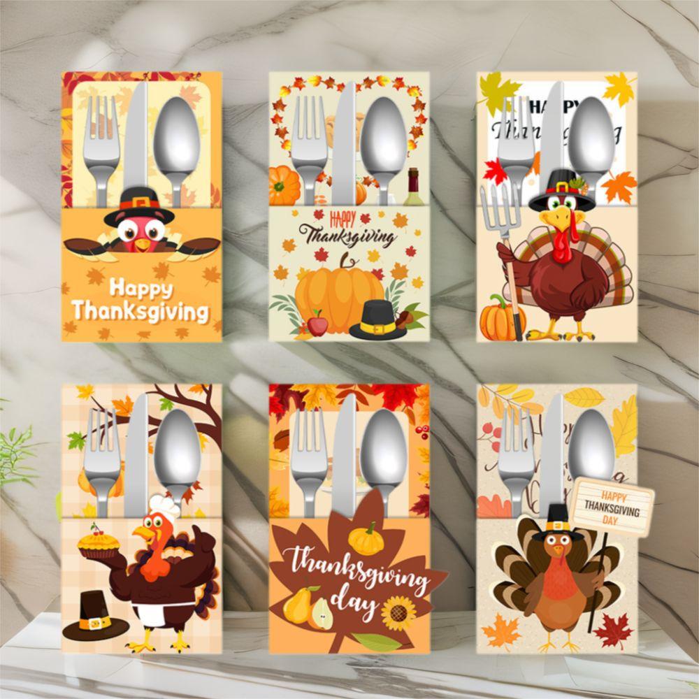 6pcs Autumn Theme Desktop Cutlery Holder Bags Turkey Maple Leaf Tableware Cover Autumn Harvest