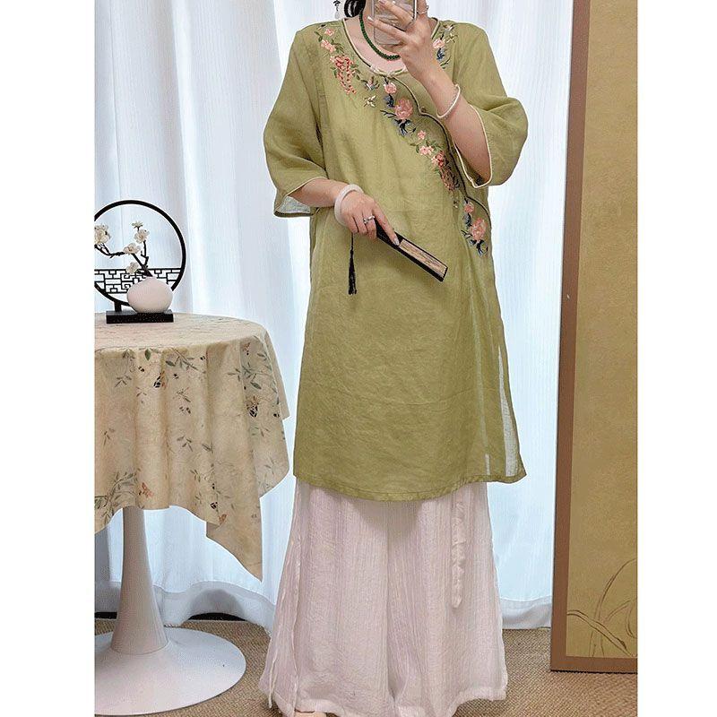 Improved Cheongsam Spring Summer Chinese Style National Cotton Linen Retro Embroidery Zen Tea Dress Mid-sleeve Dress for Women