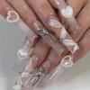 24Pcs Long French Fake Nails with Glue Ballet False Nails Butterfly Rhinestone Design Press On Nails Wearable Coffin Nail Tips