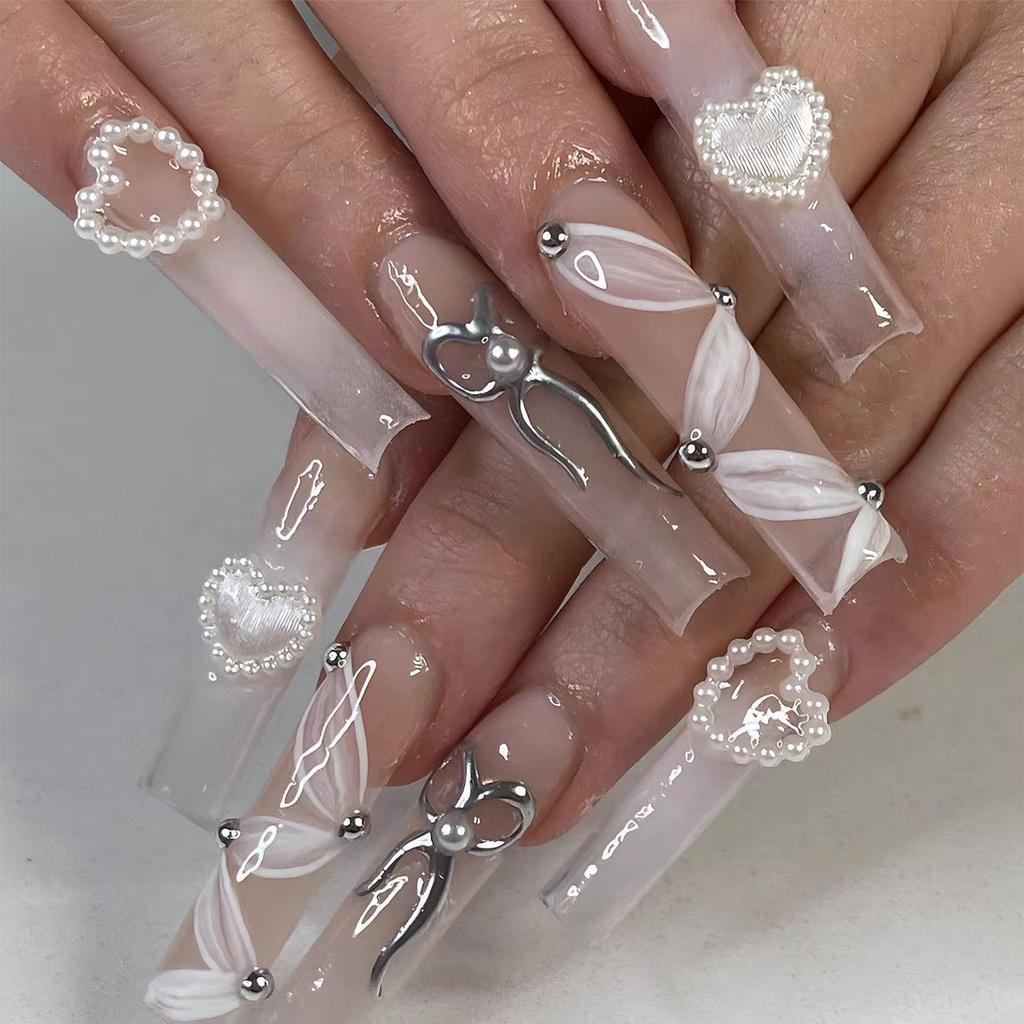 24Pcs Long French Fake Nails with Glue Ballet False Nails Butterfly Rhinestone Design Press On Nails Wearable Coffin Nail Tips