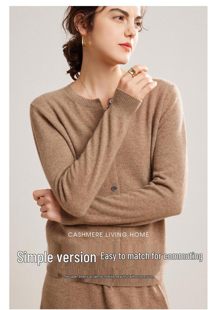Mengyi Women's Pure Cashmere Round Neck Cardigan - Solid Color, Loose Fit, Warm Knit Outerwear for Spring/Autumn