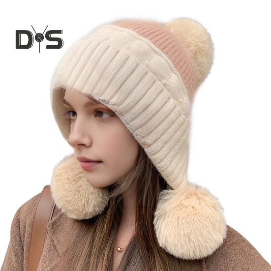 

Женская зимняя шапка из плотной вязки с плюшевым декором в виде мяча, ветрозащитная, сохраняющая тепло, защита ушей, эластичная мешковатая кепка для улицы, школы, поездок на работу, шапочка-бини бежевый