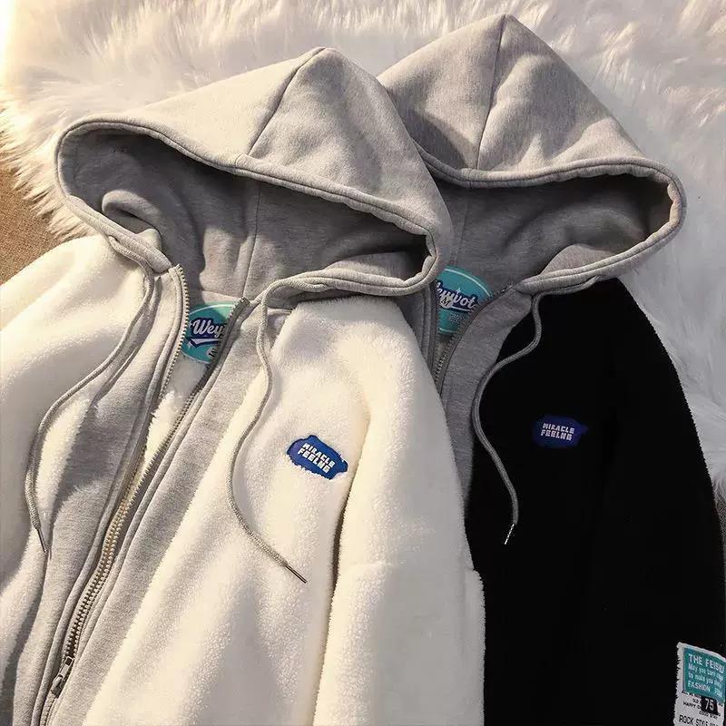 Women's Velvet Thick Hoodie American Retro Loose Lamb Fleece Hoodie Women's