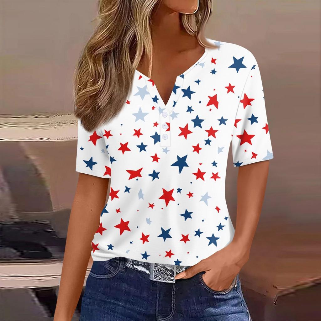 Women's T Shirt Tee Independence Day Print Button Short Sleeve Daily Weekend Fashion Basic V-Neck Regular Top