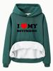European & American Women's Fleece-Lined Hooded Sweatshirt with Kangaroo Pocket - Valentine's Day Print