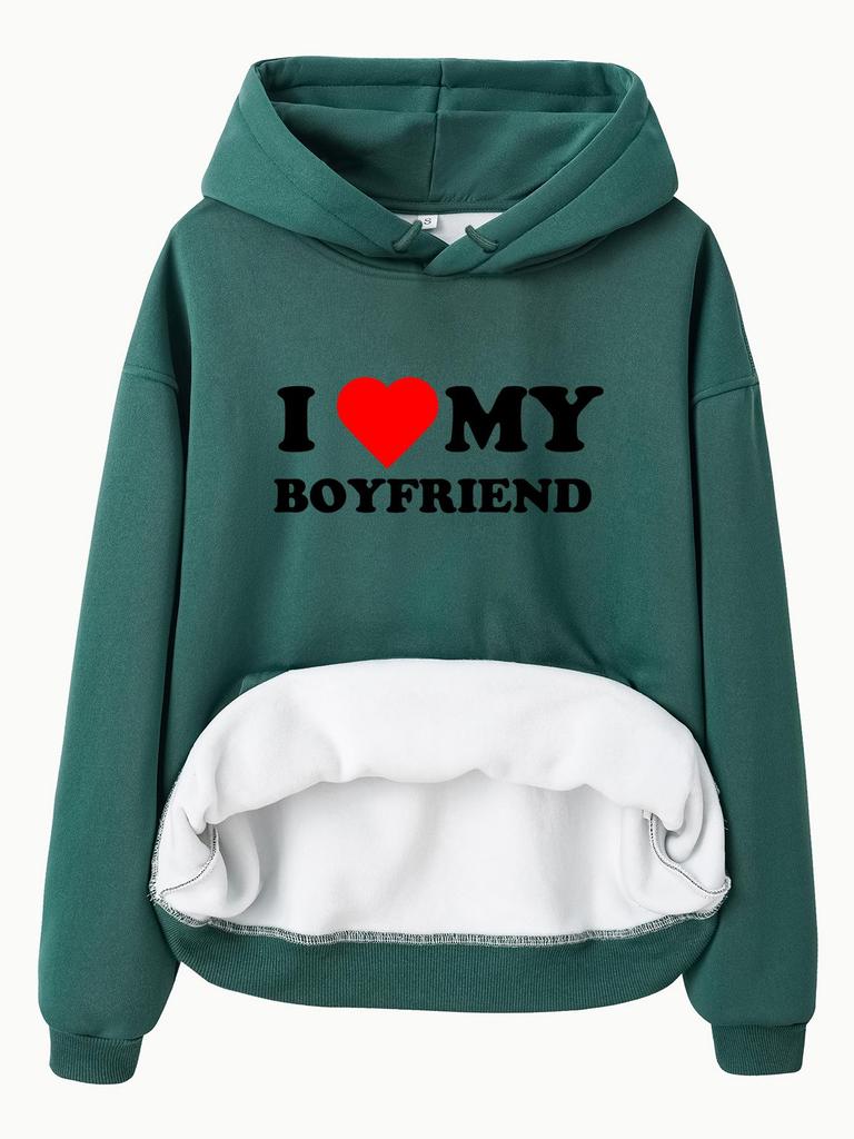 European & American Women's Fleece-Lined Hooded Sweatshirt with Kangaroo Pocket - Valentine's Day Print