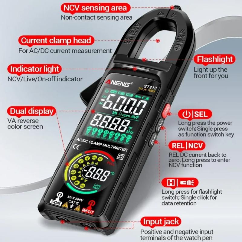 Multifunctional ANENG ST213 Digital Clamp Meter 6000 Counts AC DC 400A Current VA Dual Reverse Display NCV Zero Live Line Temp Capacitance Frequency