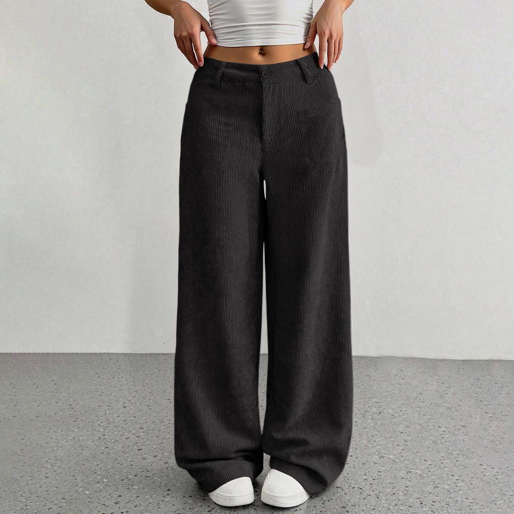 Corduroy Pants For Women Casual Elastic Waist Straight Leg Pants Loose Comfy Trousers With Pockets