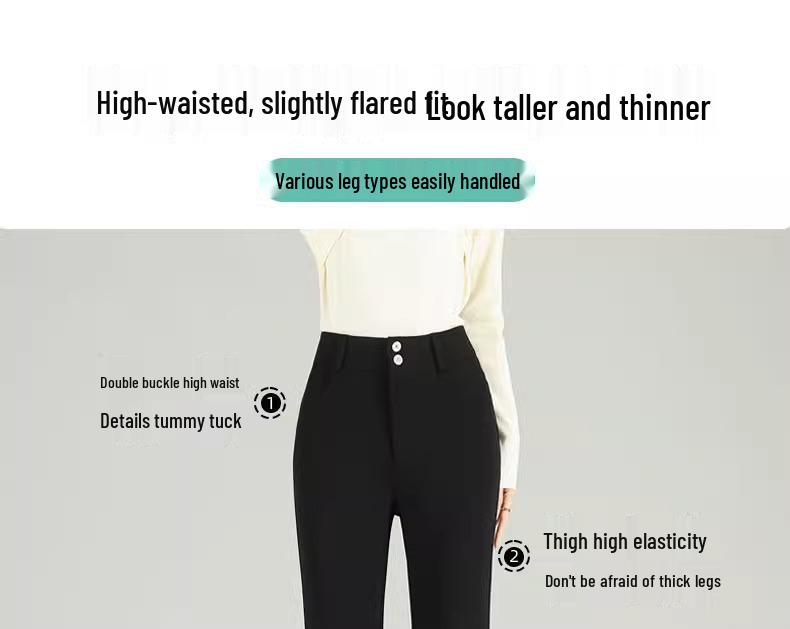 Women's Black Micro Flare Pants - 2025 Spring Collection, High Waist Elastic Slimming Fit, Drapey Suit Style