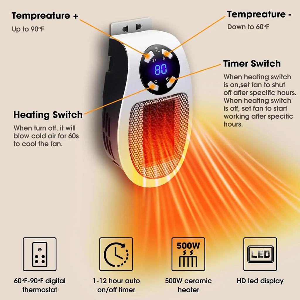 500W Portable Heater Plug in Wall Room Heater Home Appliance Heating Stove Electric Heater with Adjustable Thermostat Timer