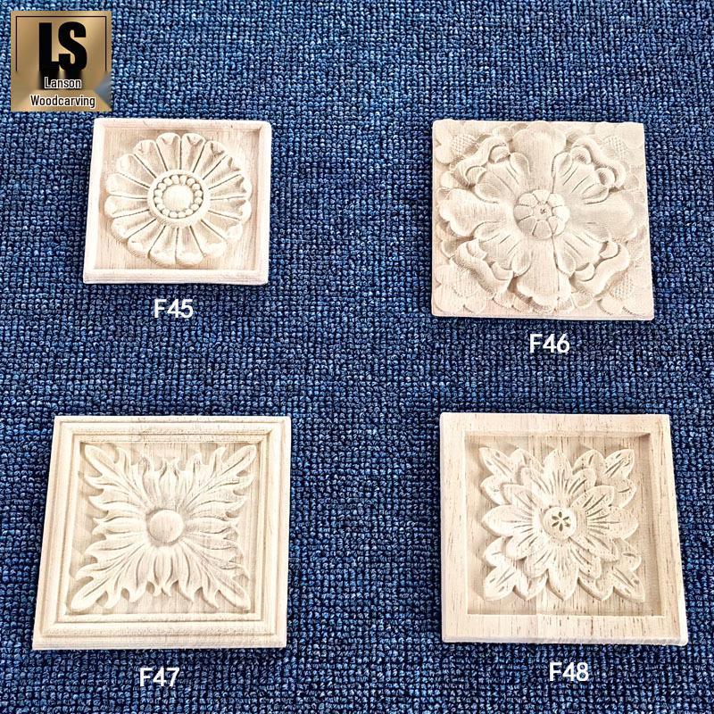 European Solid Wood Relief Carving: Square Rubber Wood Floral Patch for Cabinet Decoration