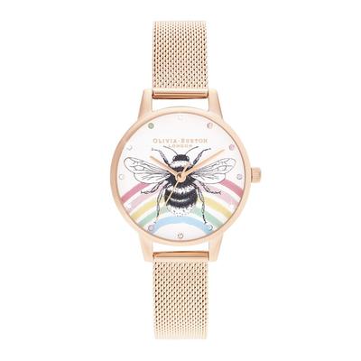 Authorized Distributor Olivia Burton Watch Ladies OB16WL90 Illustrated Animals Rainbow Bee Rose Gold Mesh 30mm