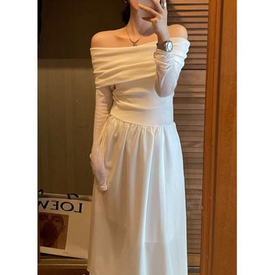 Weißes One-Shoulder-Kleid Damenbekleidung Herbst Neu Französische Kaffeepause Hochwertiges Gefühl Taille und Schlank Langarmrock Trend