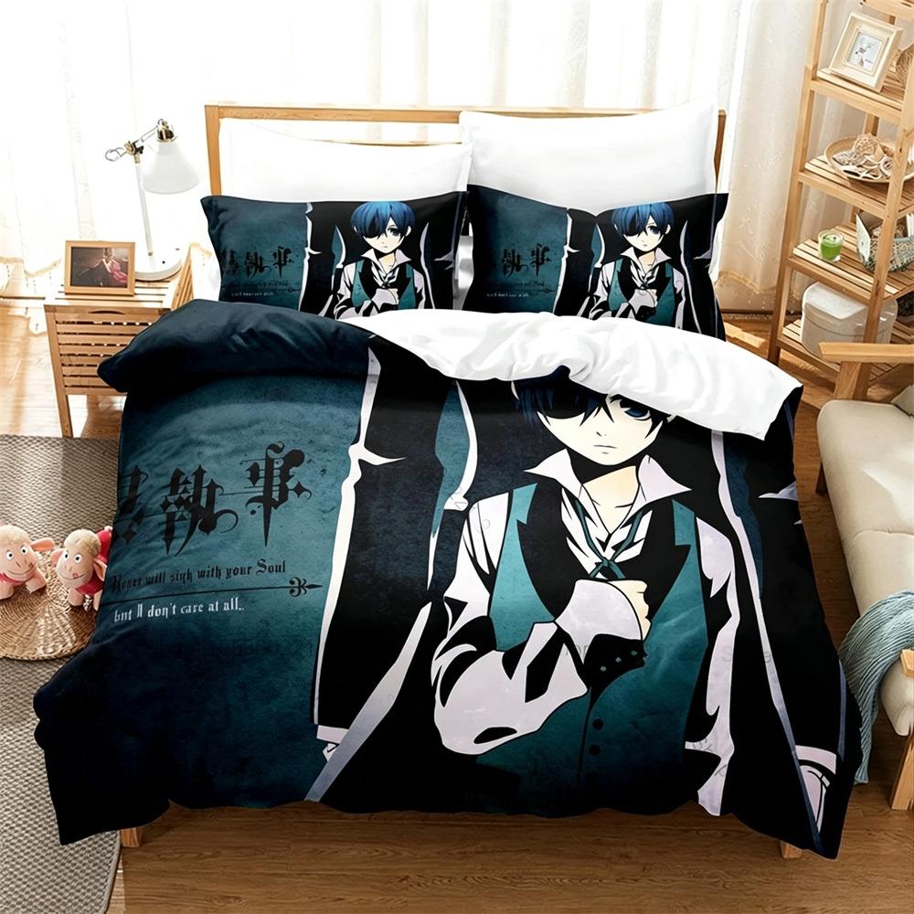 Set Biancheria da Letto Black Butler Kuroshitsuji 2/3 Pezzi Copripiumino Sebastian Ciel Cartone Animato Biancheria da Letto per Bambini Adulti Camera da Letto