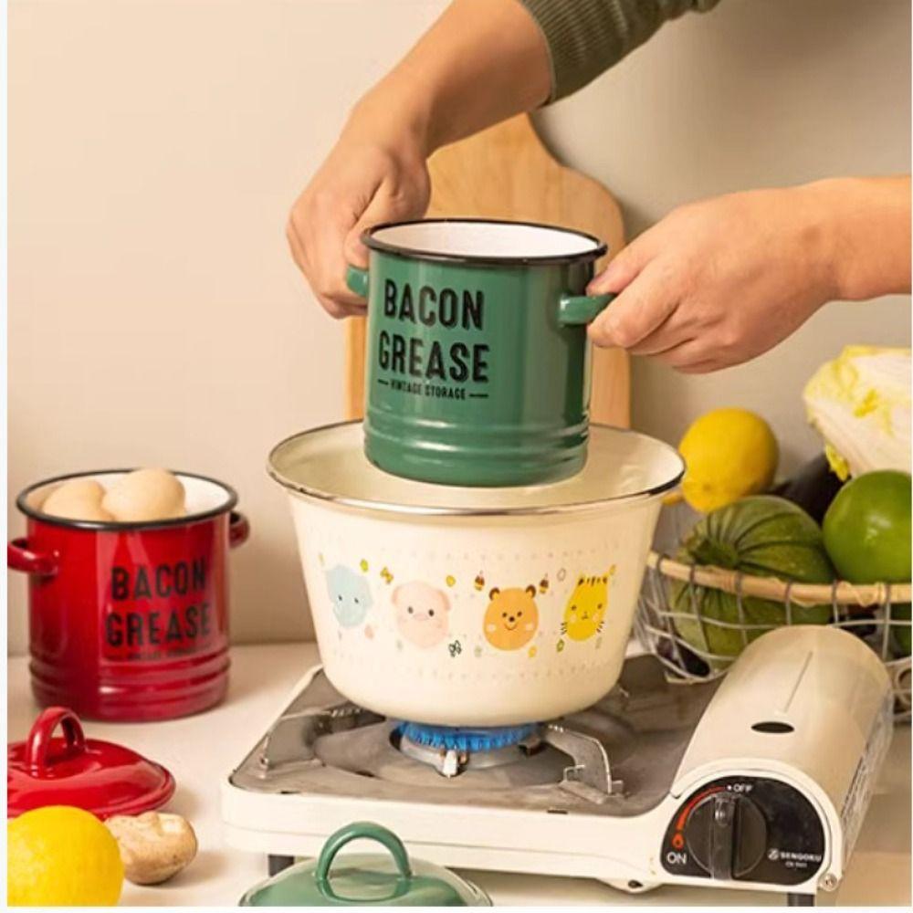 2 Handles Bacon Grease Container Lid Enamelware Cup 2025 Seasoning Storage Tank